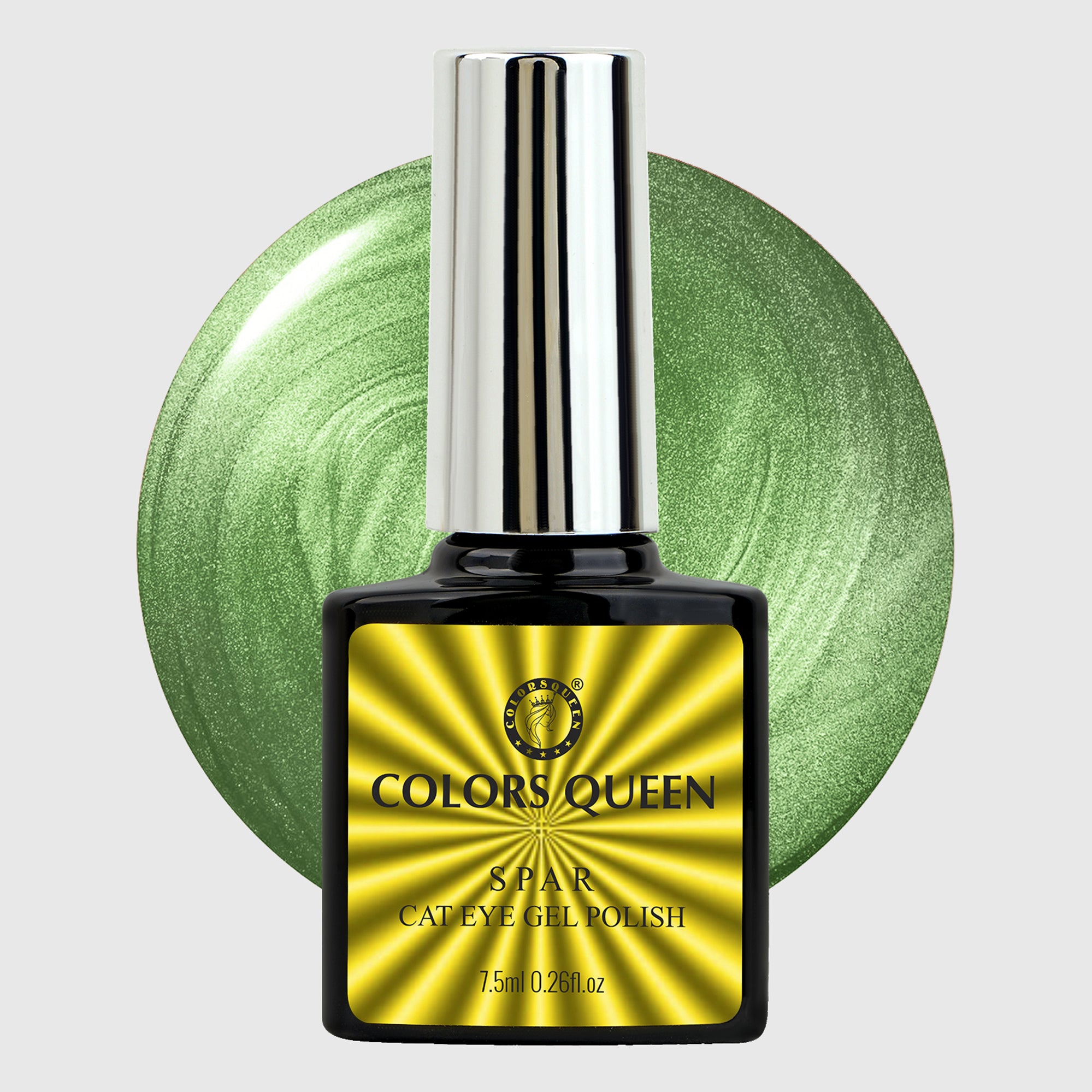 Nail polish bottle with gold label and silver cap on a light gray background