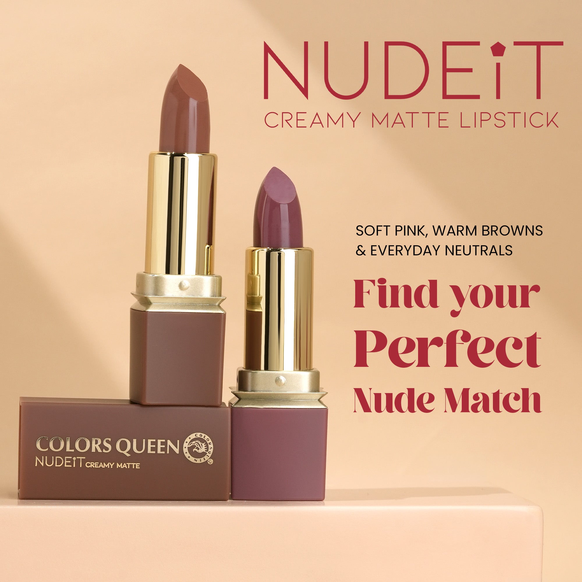 Colors Queen Nudeit Creamy Matte Lipstick – 12 Nude Shades, Waterproof & Long-Lasting