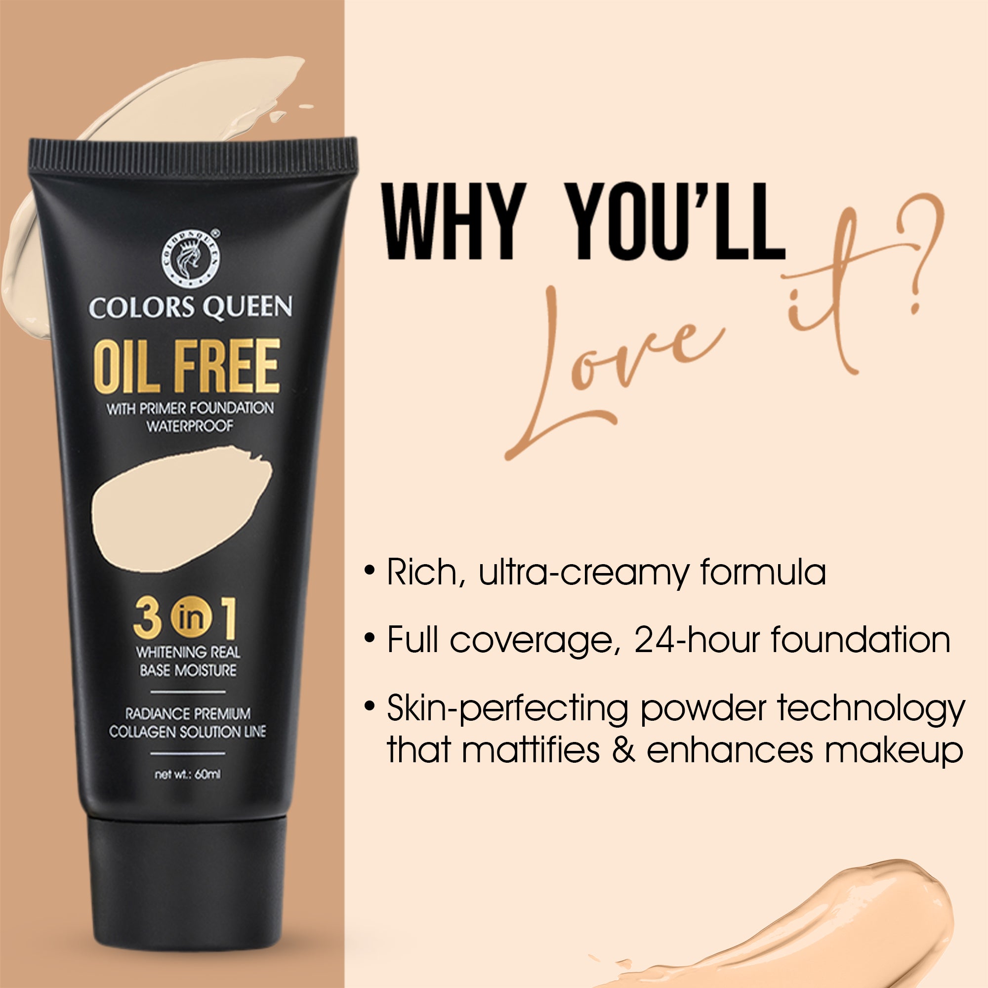 Colors Queen 3-in-1 Oil Free Foundation With Primer