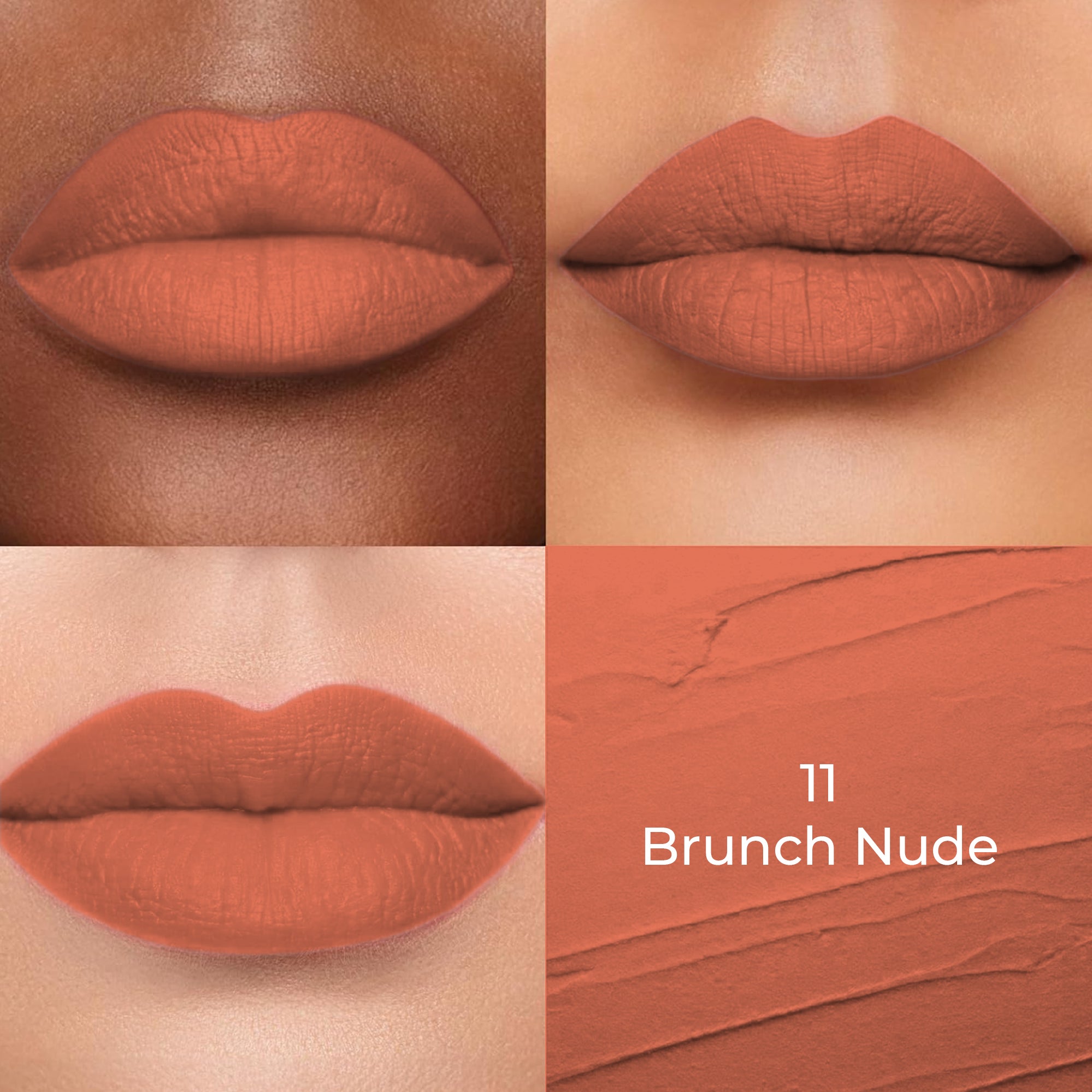 Brunch nude of Colors Queen Lippie Creamy Matte Lipstick applied on 3 different skin tones light, medium and dark with a color swatch