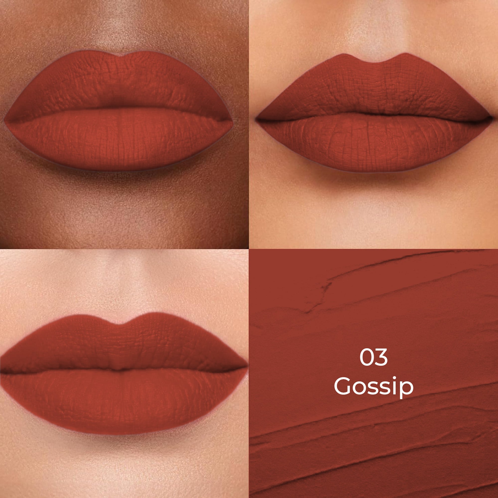 Gossip (Brown) shade of Colors Queen Lippie Creamy Matte Lipstick applied on 3 different skin tones light, medium and dark with a color swatch