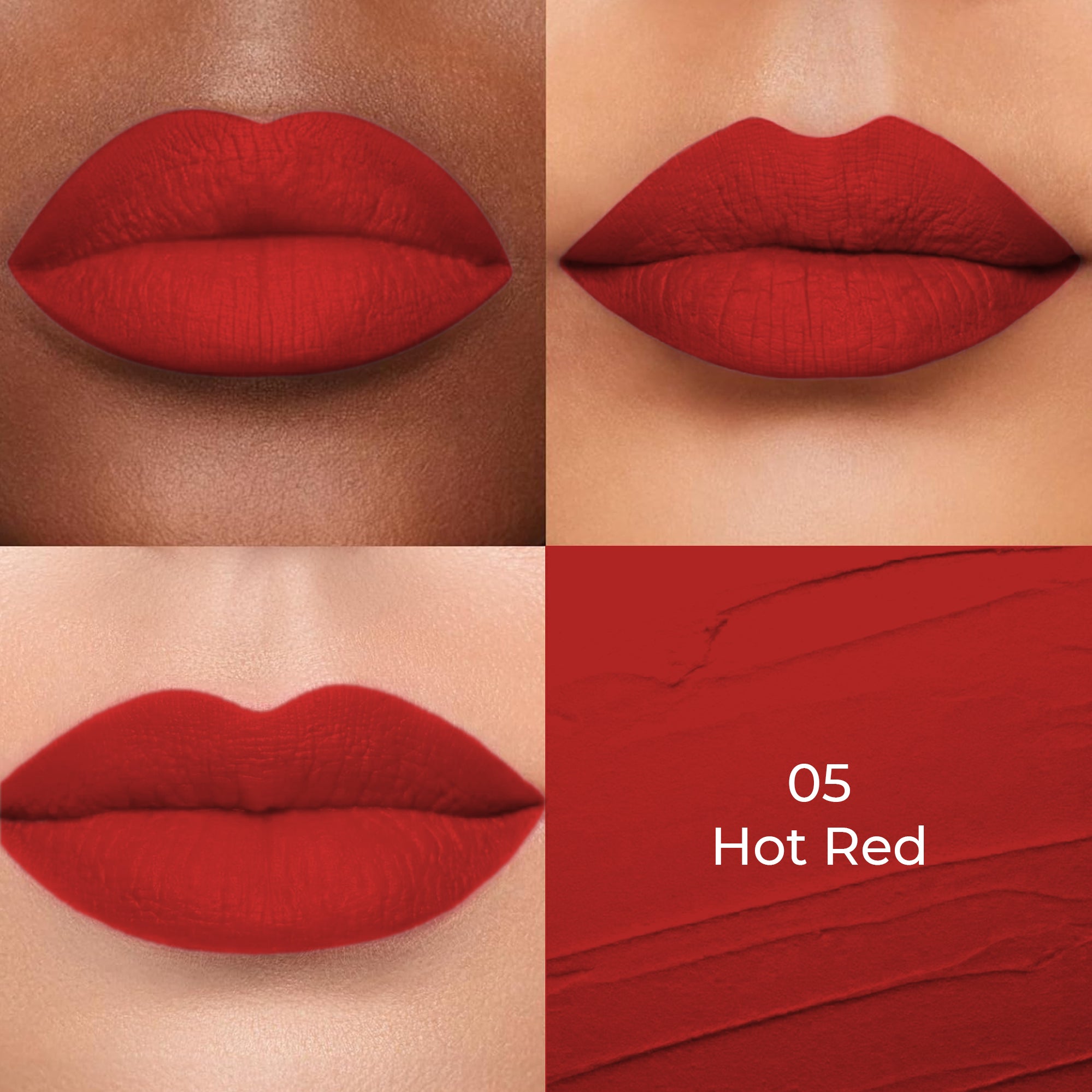 Hot red shade of Colors Queen Lippie Creamy Matte Lipstick applied on 3 different skin tones light, medium and dark with a color swatch