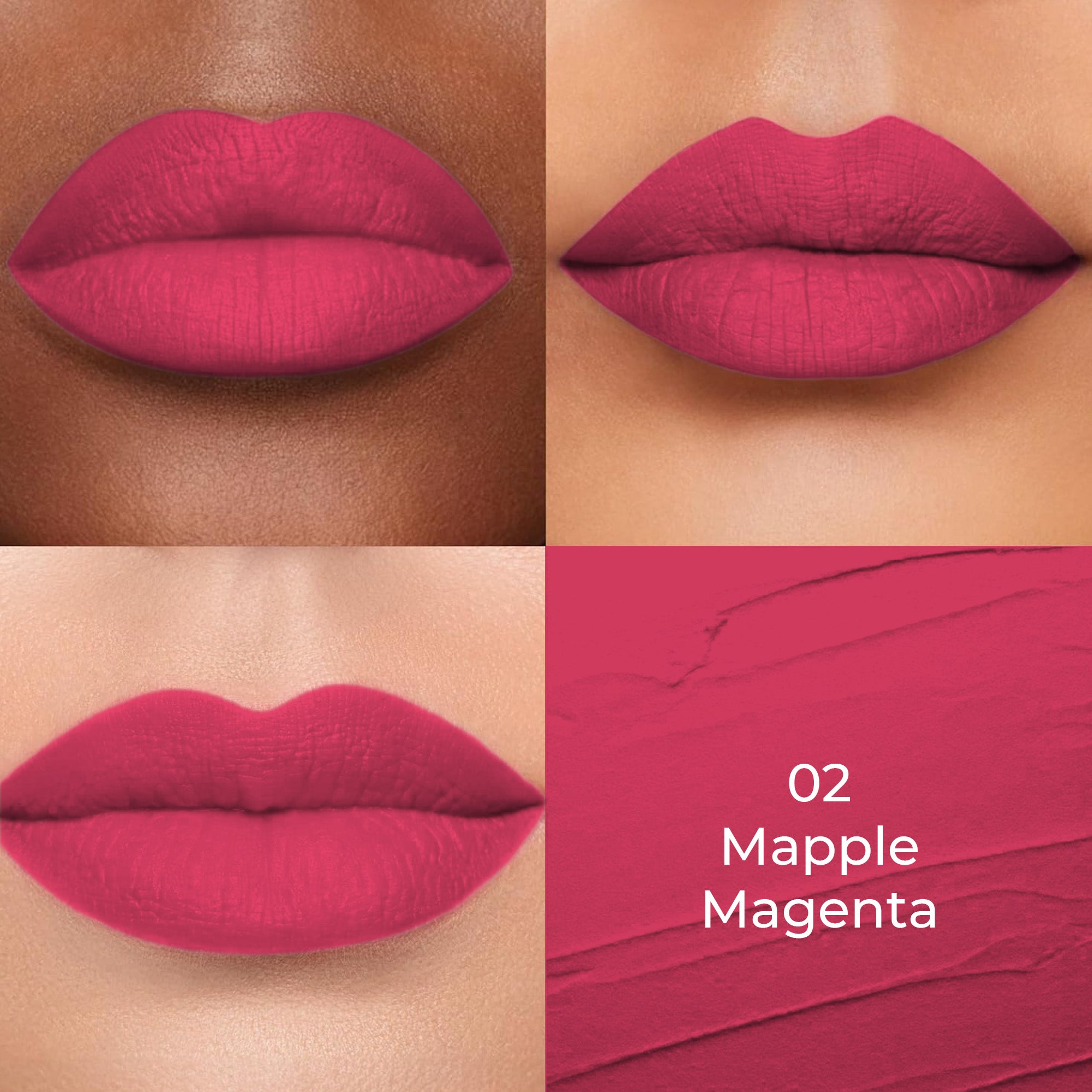 Mapple Magenta shade of Colors Queen Lippie Creamy Matte Lipstick applied on 3 different skin tones light, medium and dark with a color swatch