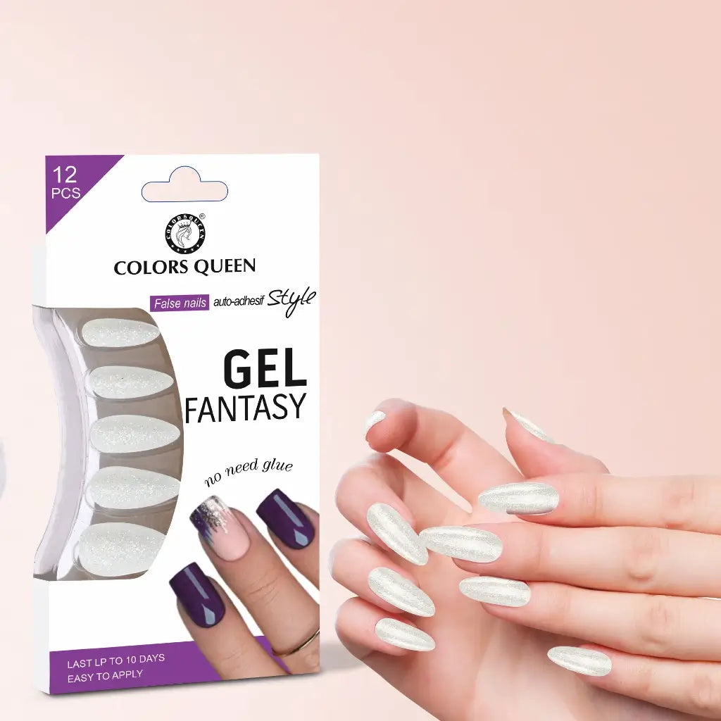 Colors Queen Gel Fantasy False Nails- White Shimmer