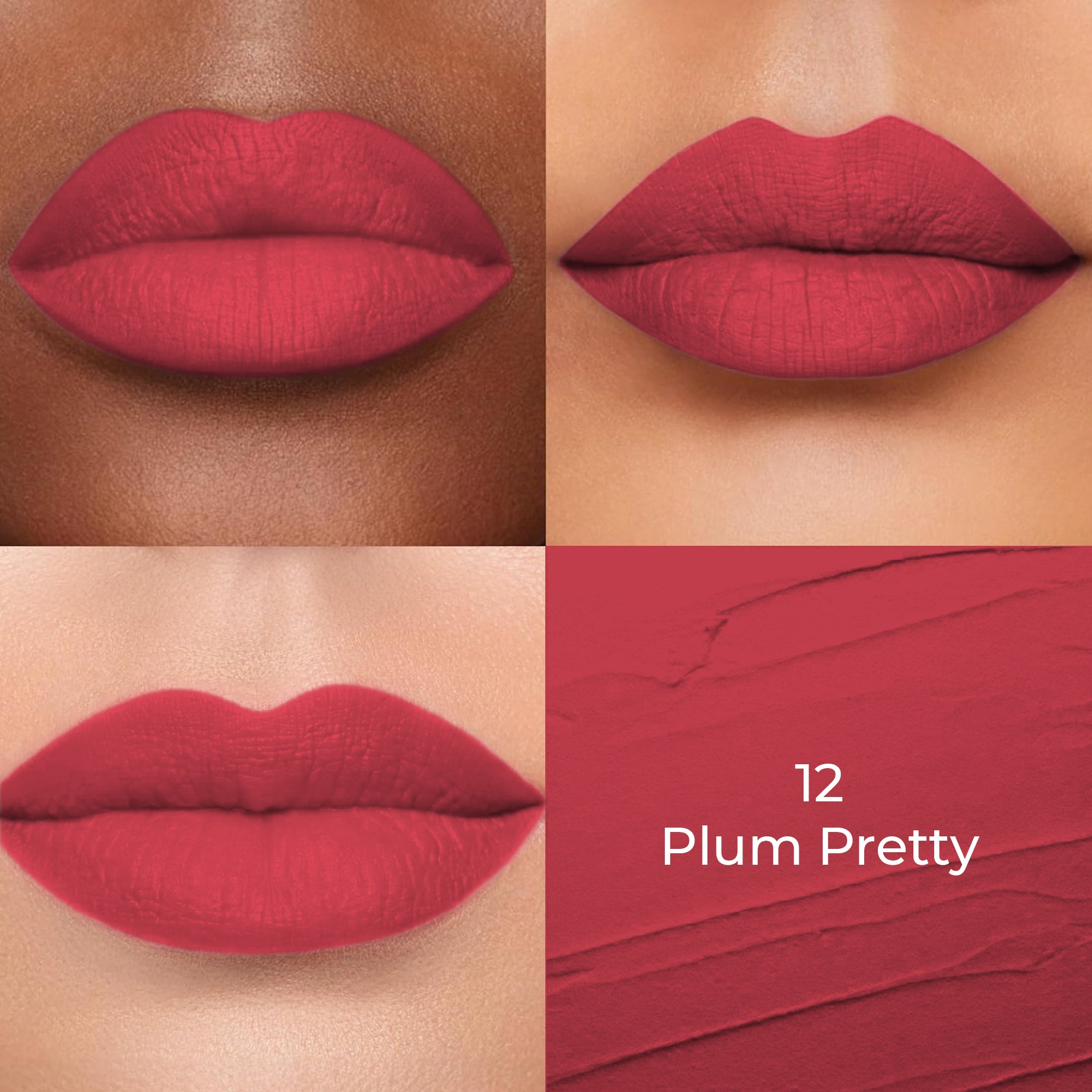 Plum Pretty of Colors Queen Lippie Creamy Matte Lipstick applied on 3 different skin tones light, medium and dark with a color swatch
