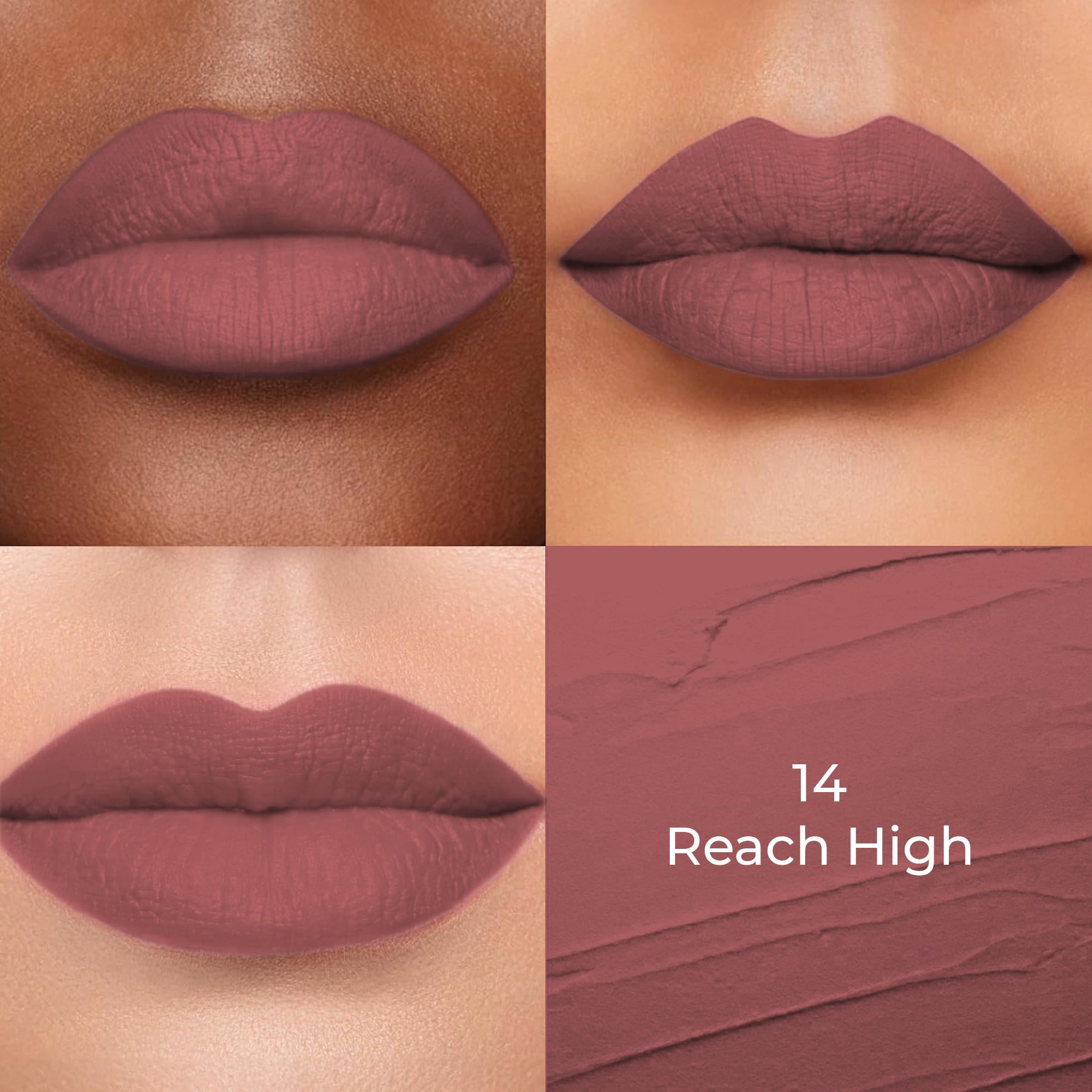 Reach high of Colors Queen Lippie Creamy Matte Lipstick applied on 3 different skin tones light, medium and dark with a color swatch