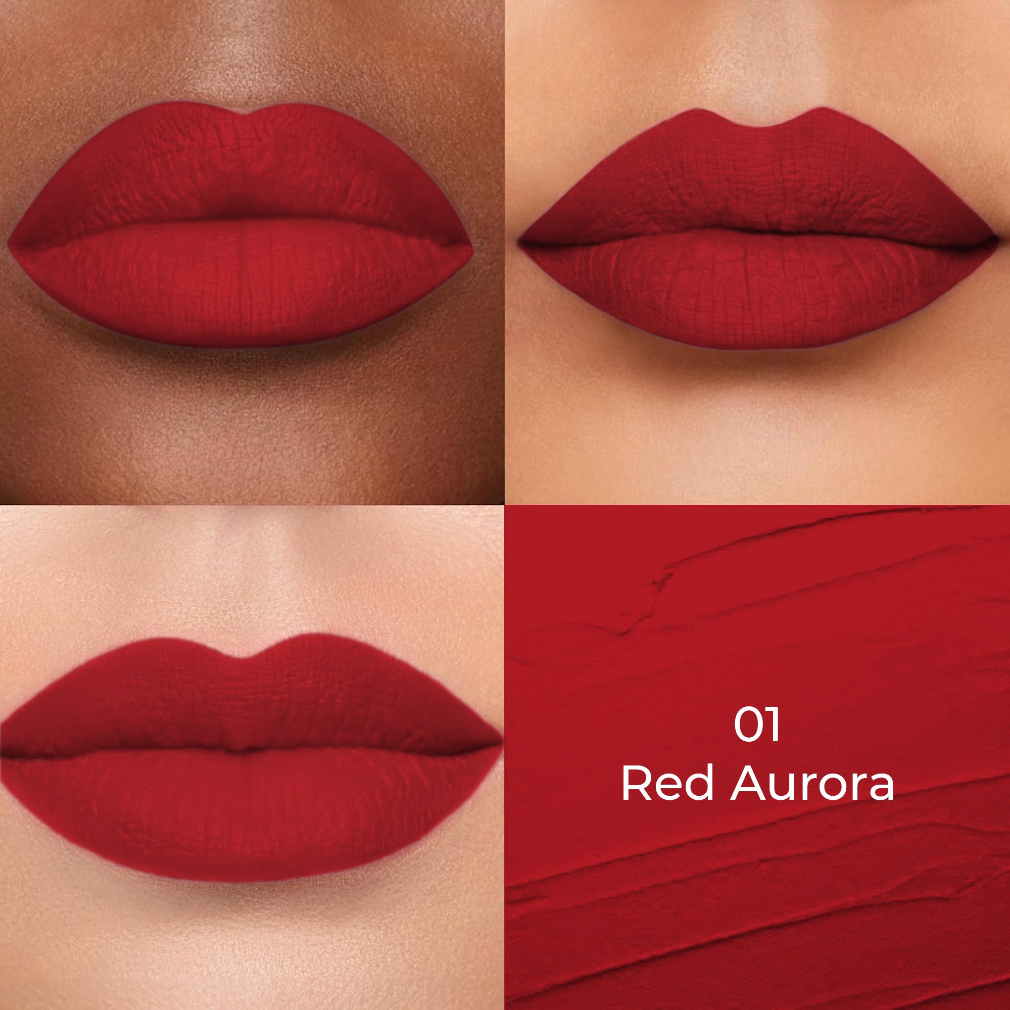 Red Aurora shade of Colors Queen Lippie Creamy Matte Lipstick applied on 3 different skin tones light, medium and dark with a color swatch