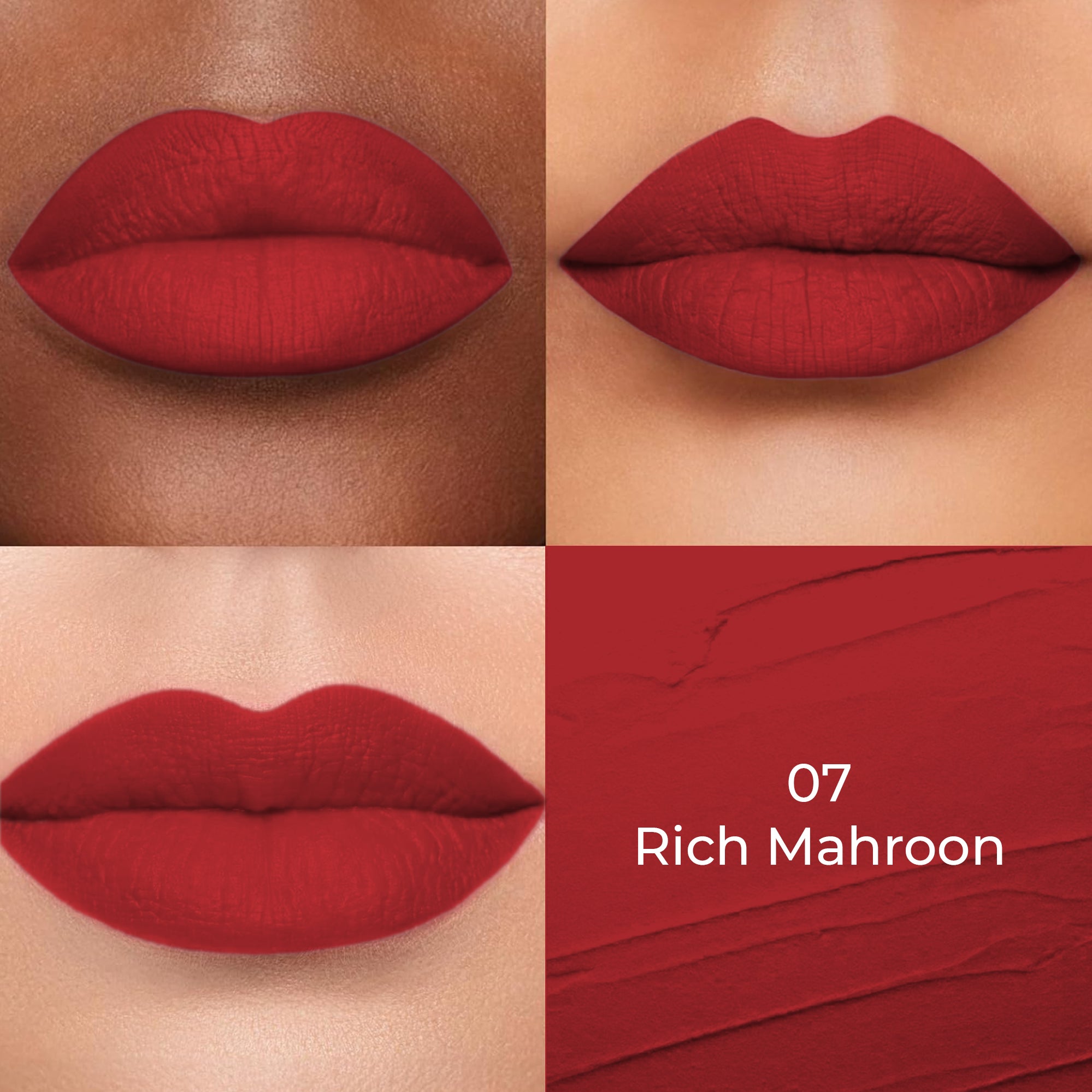 Rich Mahroon shade of Colors Queen Lippie Creamy Matte Lipstick applied on 3 different skin tones light, medium and dark with a color swatch