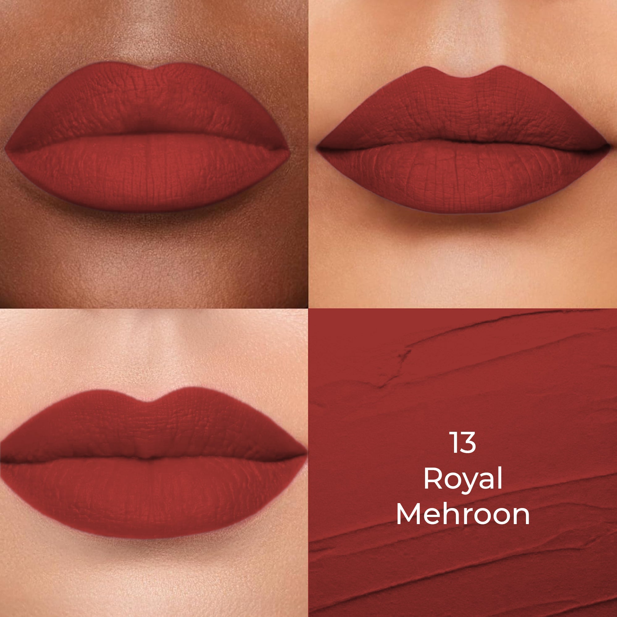 Royal Mehroon of Colors Queen Lippie Creamy Matte Lipstick applied on 3 different skin tones light, medium and dark with a color swatch