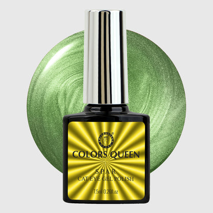 Nail polish bottle with gold label and silver cap on a light gray background