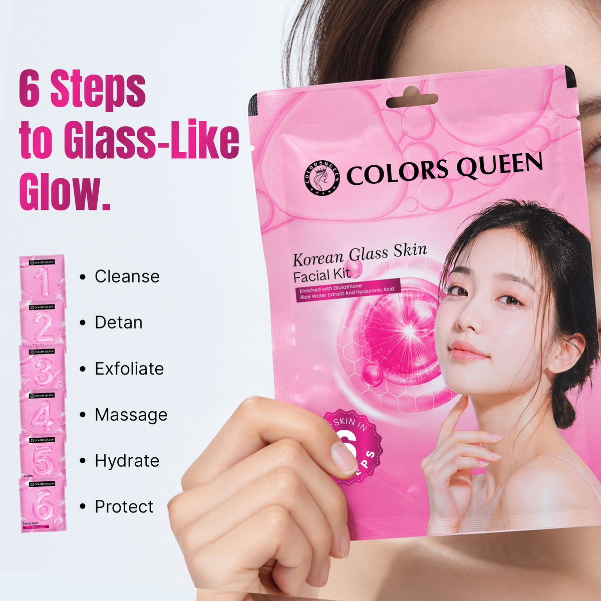 Colors Queen Korean Glass Skin Facial Kit Enriched with Glutathione, Rice Water Extract, and Hyaluronic Acid