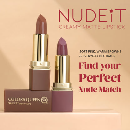 Colors Queen Nudeit Creamy Matte Lipstick – 12 Nude Shades, Waterproof &amp; Long-Lasting