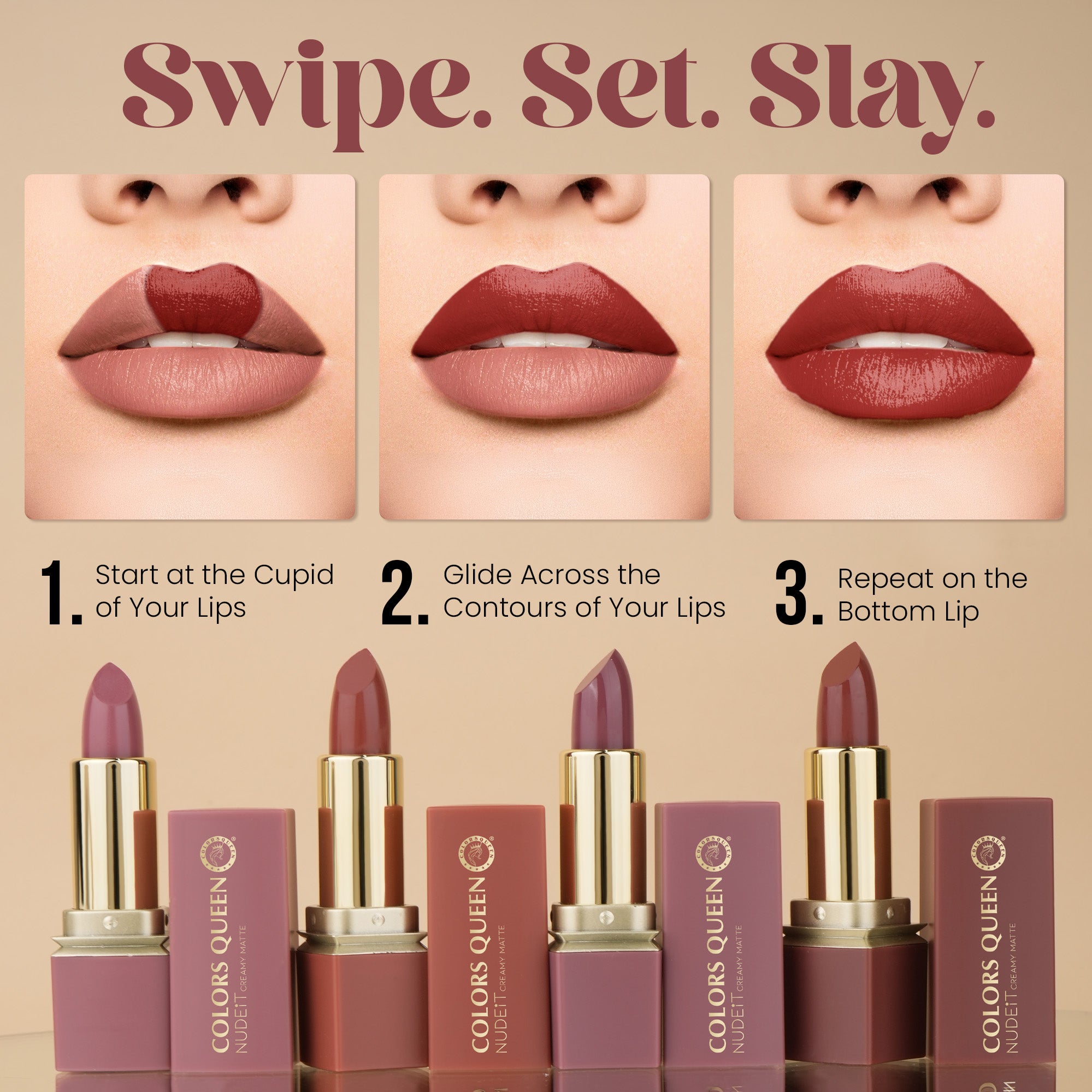 Colors Queen Nudeit Creamy Matte Lipstick – 12 Nude Shades, Waterproof &amp; Long-Lasting