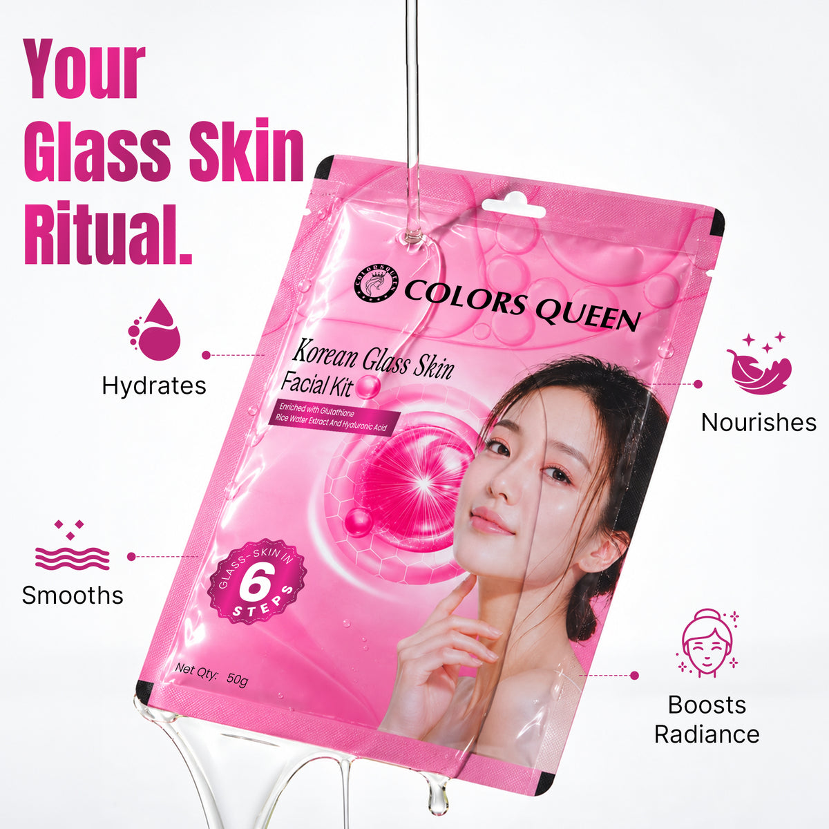 Colors Queen Korean Glass Skin Facial Kit Enriched with Glutathione, Rice Water Extract, and Hyaluronic Acid