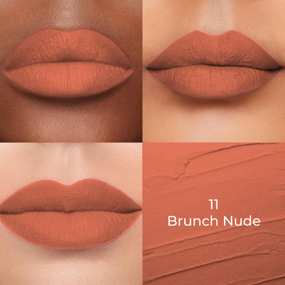 Brunch nude of Colors Queen Lippie Creamy Matte Lipstick applied on 3 different skin tones light, medium and dark with a color swatch
