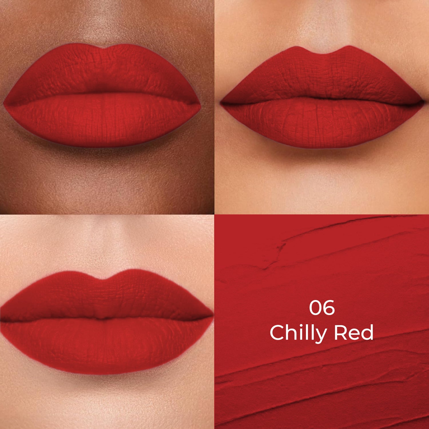 Chilly red shade of Colors Queen Lippie Creamy Matte Lipstick applied on 3 different skin tones light, medium and dark with a color swatch