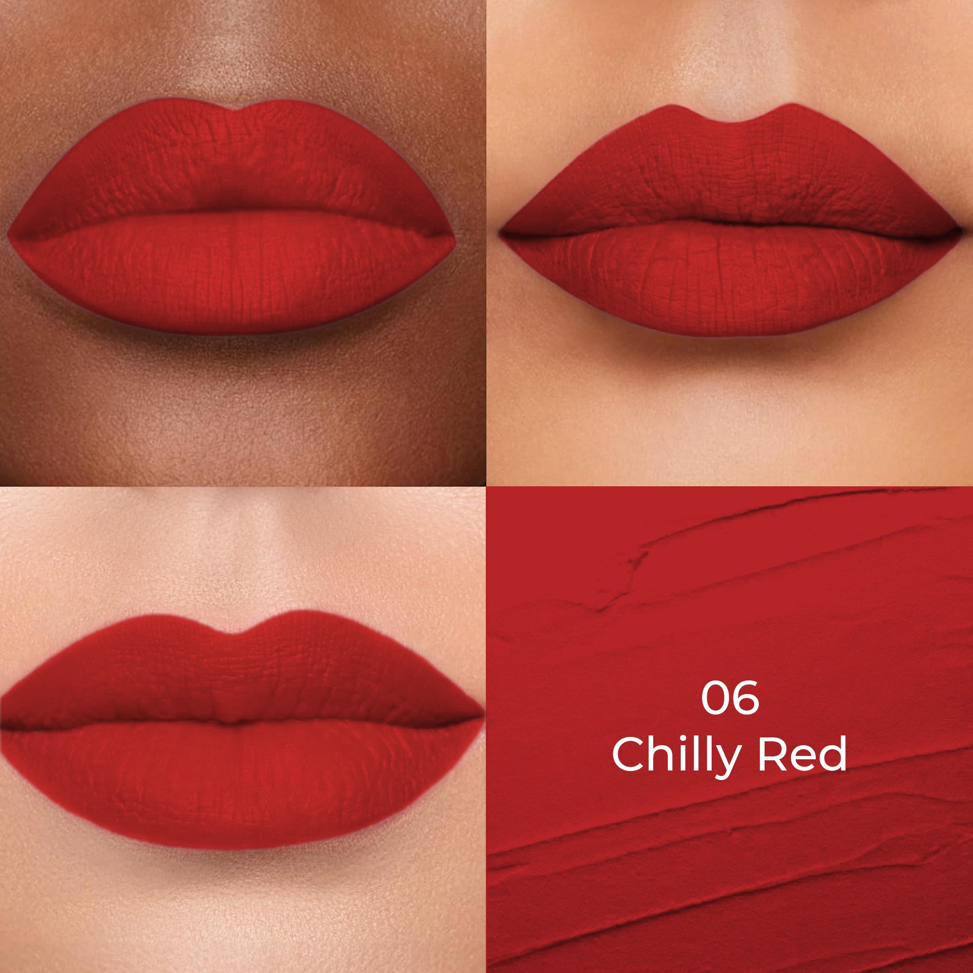Chilly red shade of Colors Queen Lippie Creamy Matte Lipstick applied on 3 different skin tones light, medium and dark with a color swatch