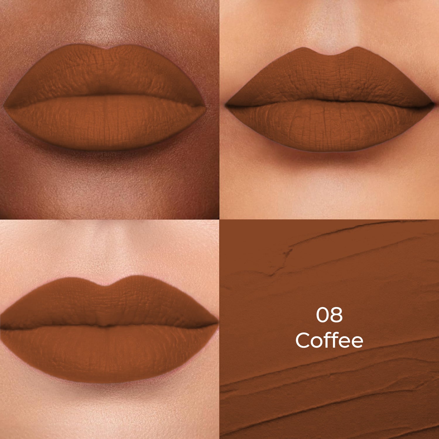Coffee shade of Colors Queen Lippie Creamy Matte Lipstick applied on 3 different skin tones light, medium and dark with a color swatch