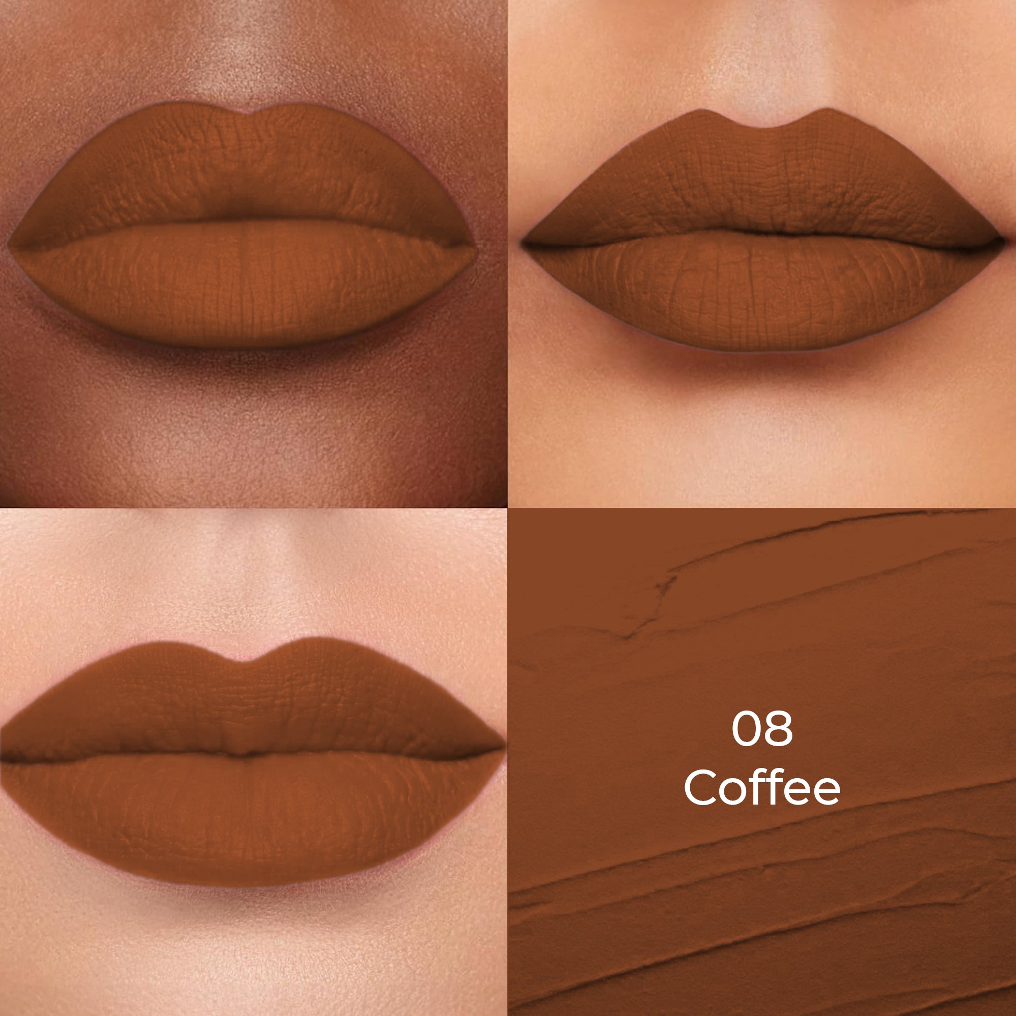 Coffee shade of Colors Queen Lippie Creamy Matte Lipstick applied on 3 different skin tones light, medium and dark with a color swatch