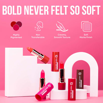 Features of Colors Queen Lippie Creamy Matte Lipstick, highly pigmented, non transferable, creamy smooth texture and soft matte finish with pic of bunch of lippie creamy matte lipsticks