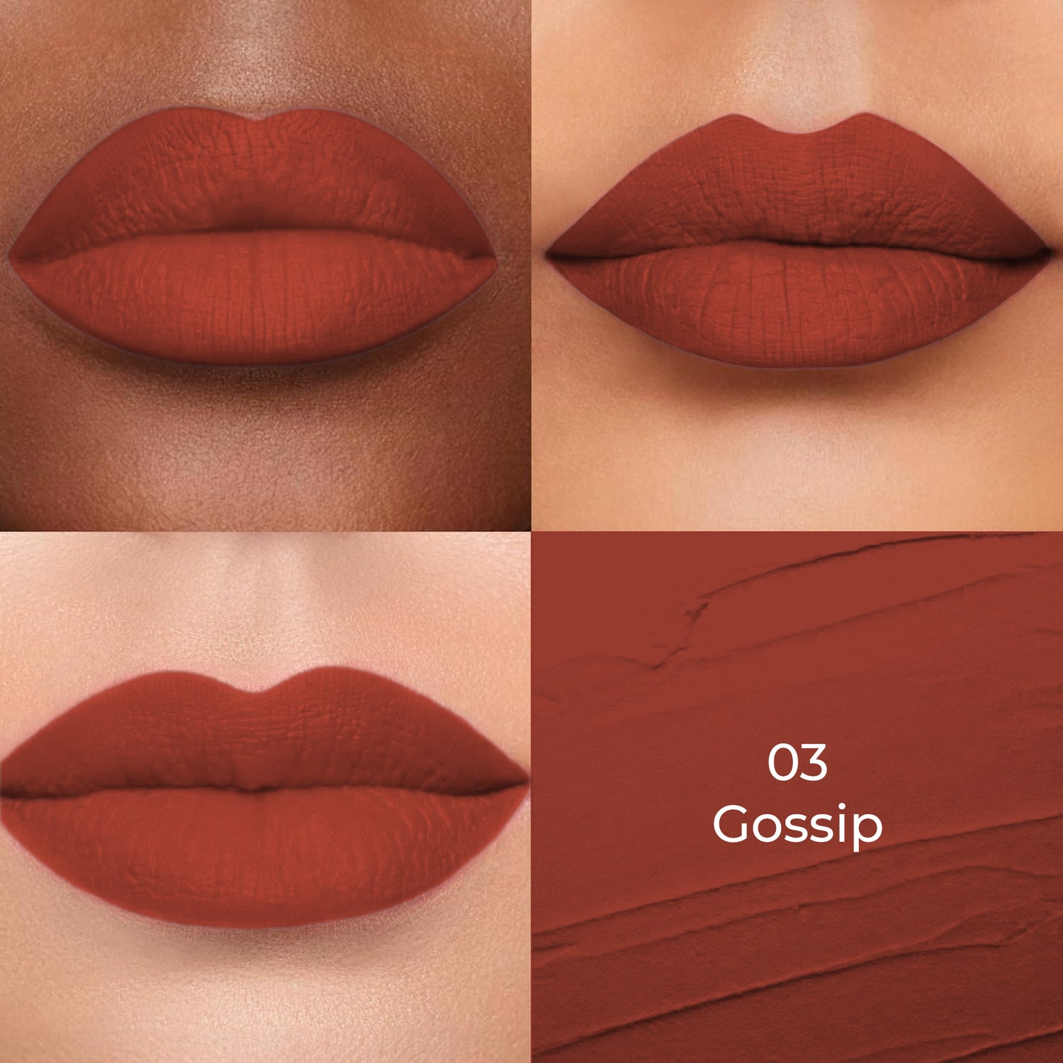 Gossip (Brown) shade of Colors Queen Lippie Creamy Matte Lipstick applied on 3 different skin tones light, medium and dark with a color swatch
