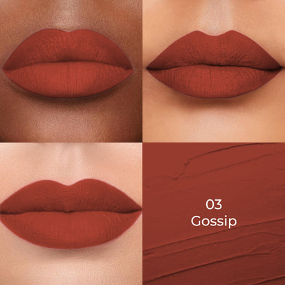 Gossip (Brown) shade of Colors Queen Lippie Creamy Matte Lipstick applied on 3 different skin tones light, medium and dark with a color swatch