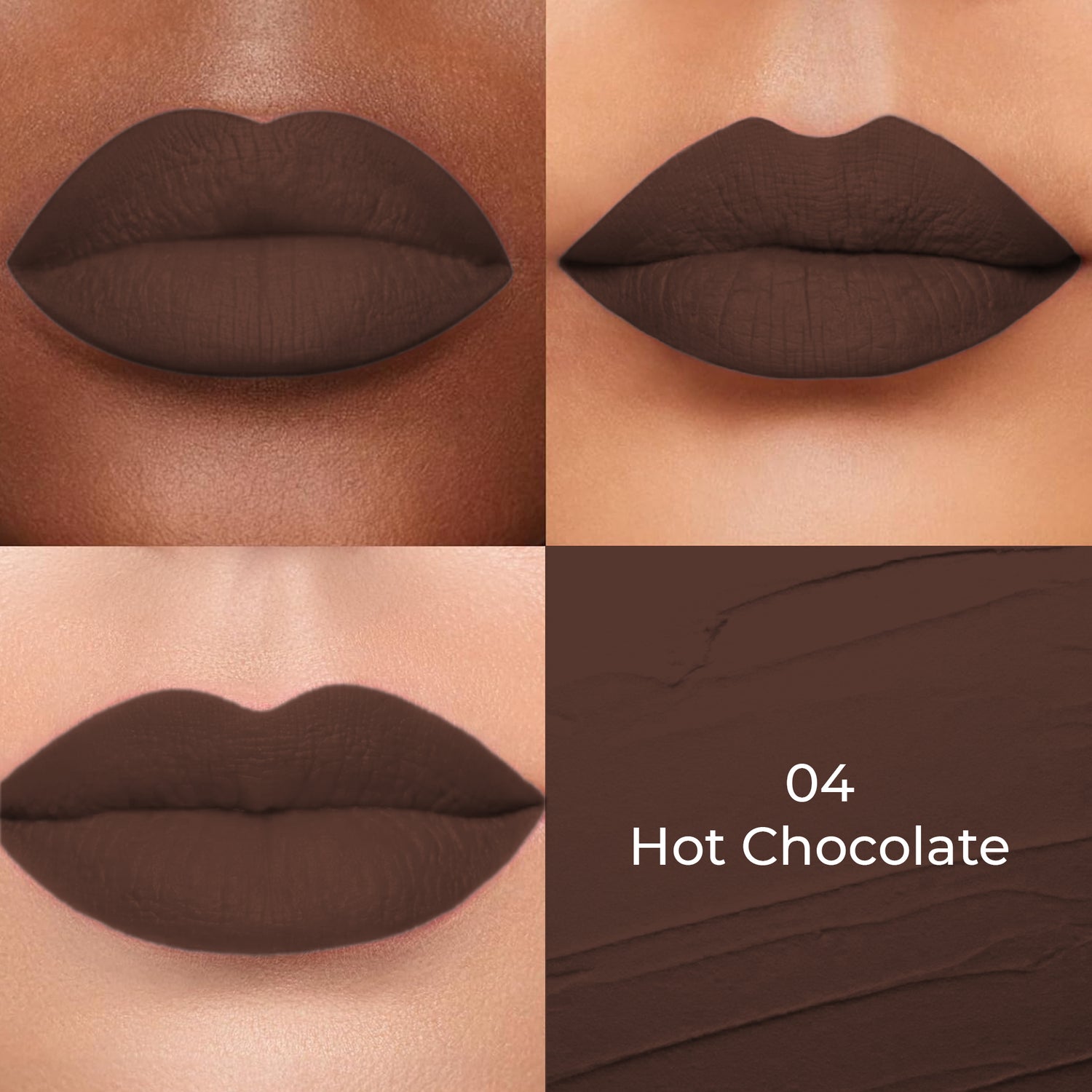 Hot Chocolate shade of Colors Queen Lippie Creamy Matte Lipstick applied on 3 different skin tones light, medium and dark with a color swatch