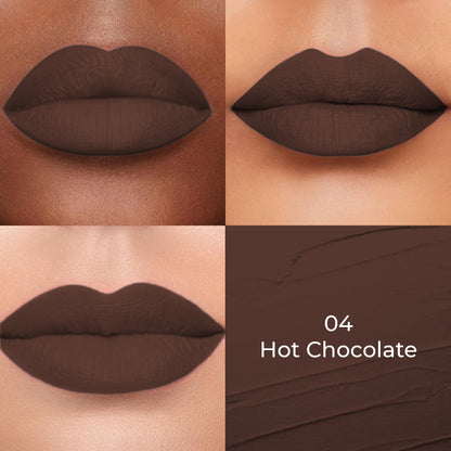 Hot Chocolate shade of Colors Queen Lippie Creamy Matte Lipstick applied on 3 different skin tones light, medium and dark with a color swatch