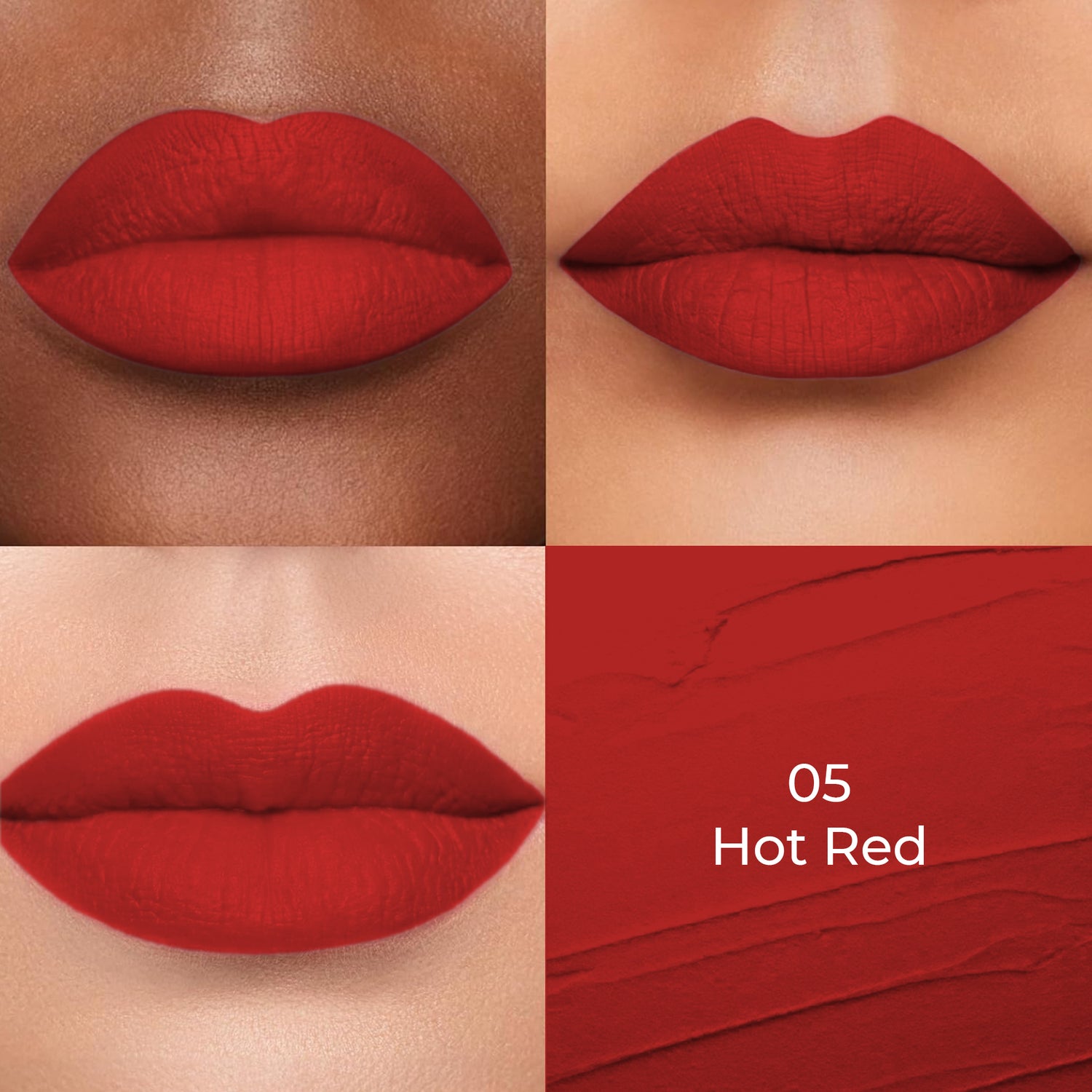 Hot red shade of Colors Queen Lippie Creamy Matte Lipstick applied on 3 different skin tones light, medium and dark with a color swatch