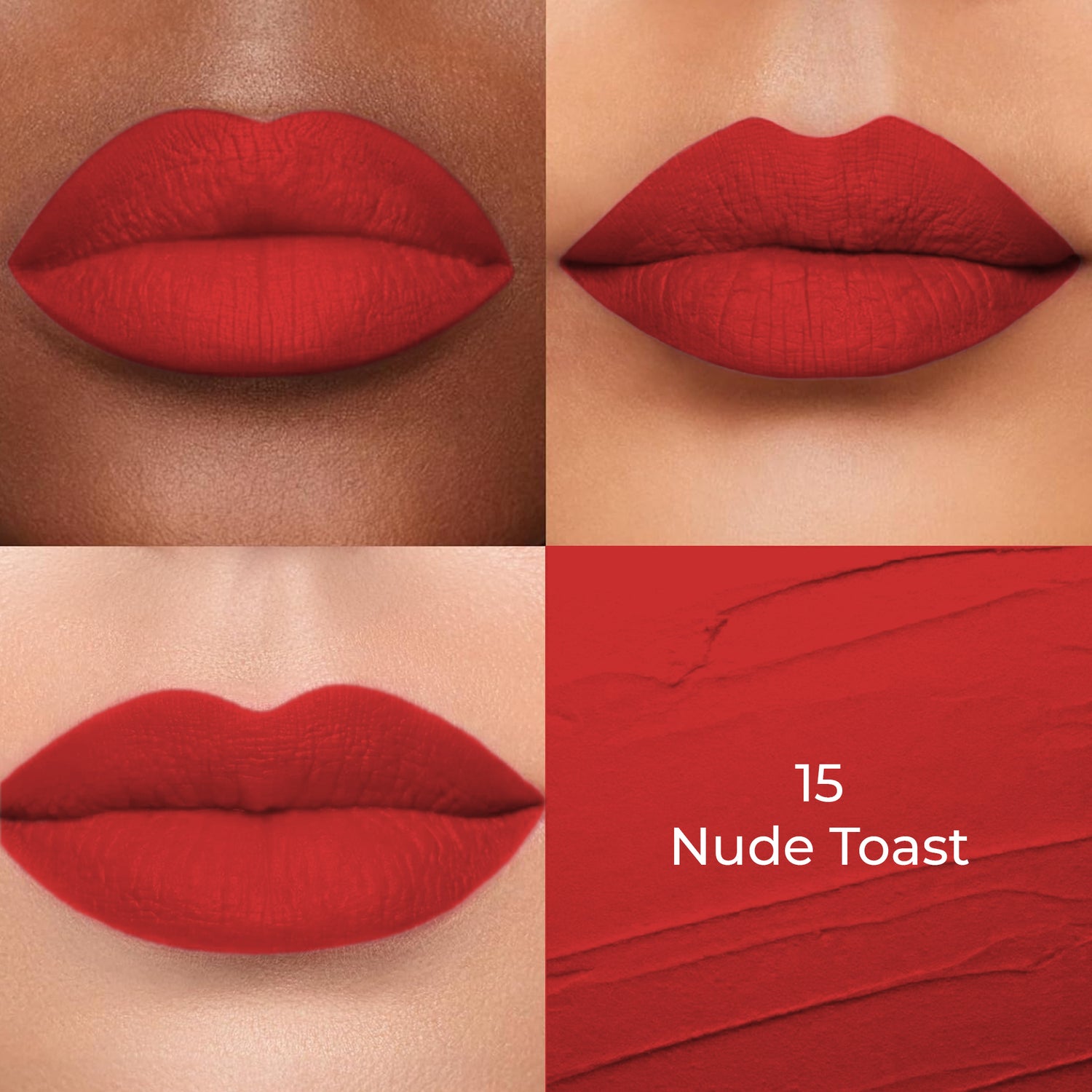 Nude toast of Colors Queen Lippie Creamy Matte Lipstick applied on 3 different skin tones light, medium and dark with a color swatch