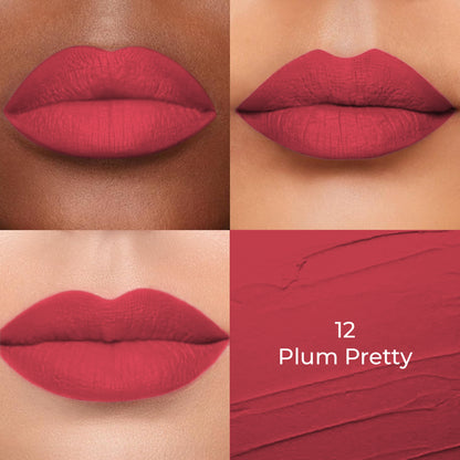Plum Pretty of Colors Queen Lippie Creamy Matte Lipstick applied on 3 different skin tones light, medium and dark with a color swatch