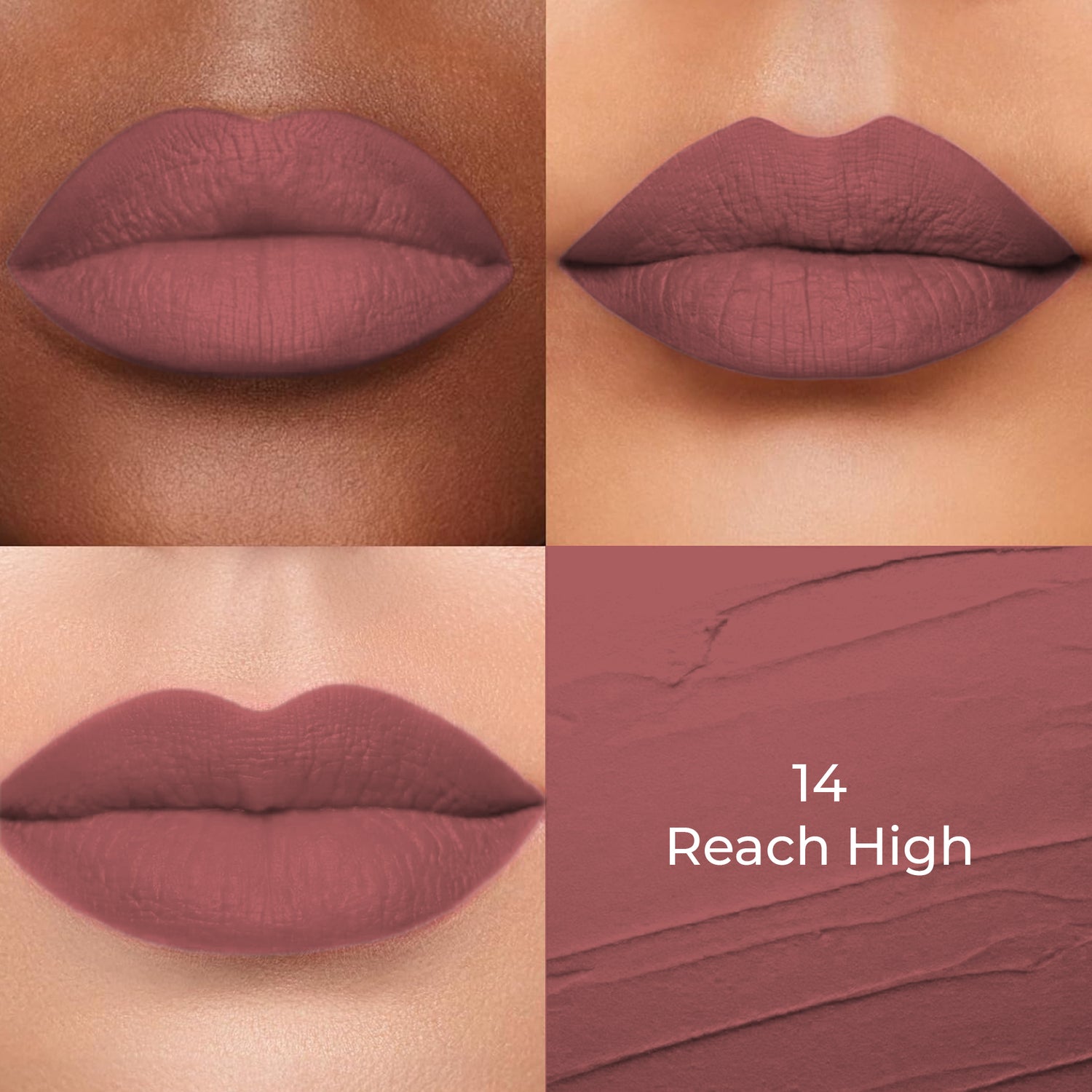 Reach high of Colors Queen Lippie Creamy Matte Lipstick applied on 3 different skin tones light, medium and dark with a color swatch
