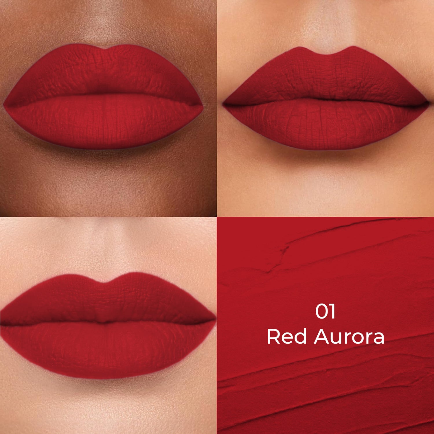 Red Aurora shade of Colors Queen Lippie Creamy Matte Lipstick applied on 3 different skin tones light, medium and dark with a color swatch