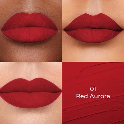 Red Aurora shade of Colors Queen Lippie Creamy Matte Lipstick applied on 3 different skin tones light, medium and dark with a color swatch