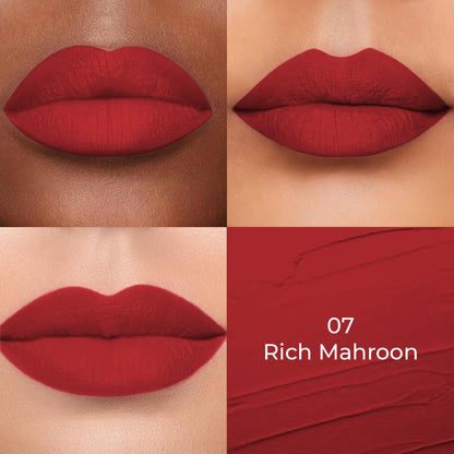 Rich Mahroon shade of Colors Queen Lippie Creamy Matte Lipstick applied on 3 different skin tones light, medium and dark with a color swatch