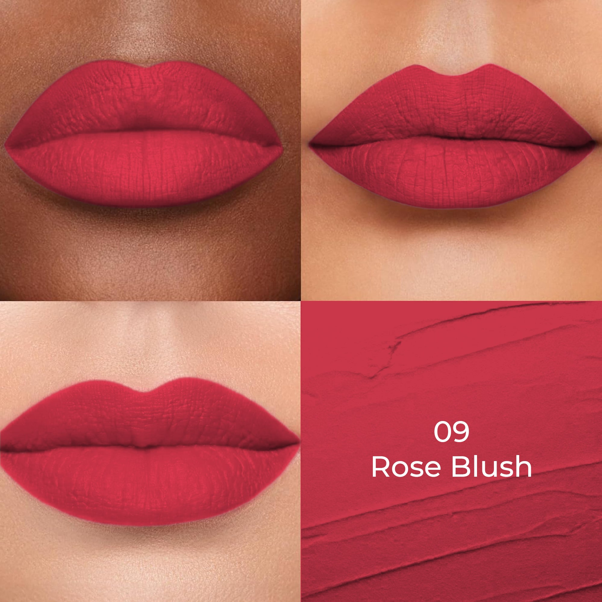 Rose blush of Colors Queen Lippie Creamy Matte Lipstick applied on 3 different skin tones light, medium and dark with a color swatch