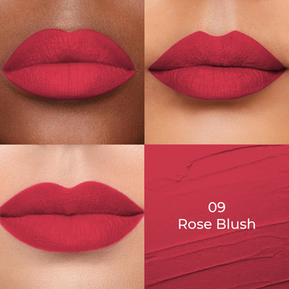 Rose blush of Colors Queen Lippie Creamy Matte Lipstick applied on 3 different skin tones light, medium and dark with a color swatch