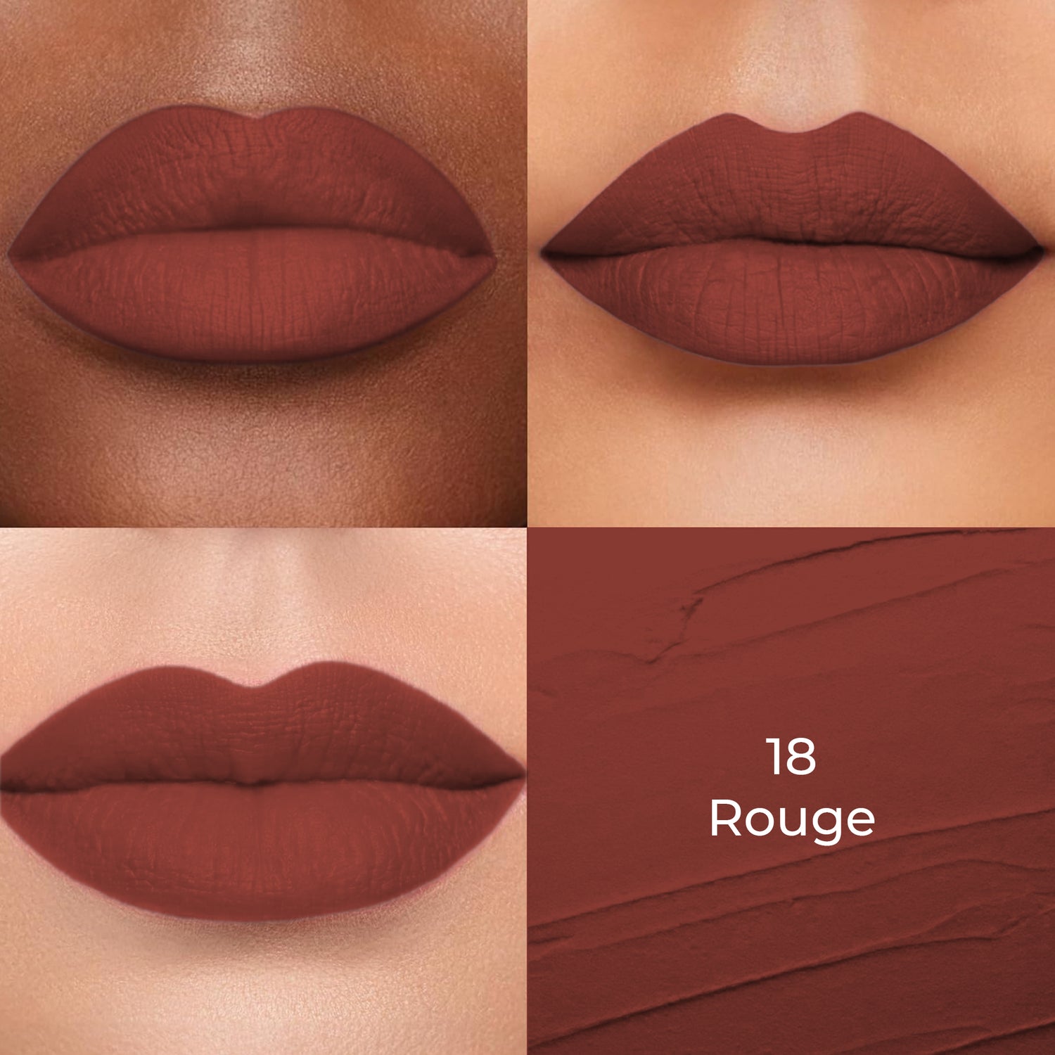 Rouge (Brown) of Colors Queen Lippie Creamy Matte Lipstick applied on 3 different skin tones light, medium and dark with a color swatch