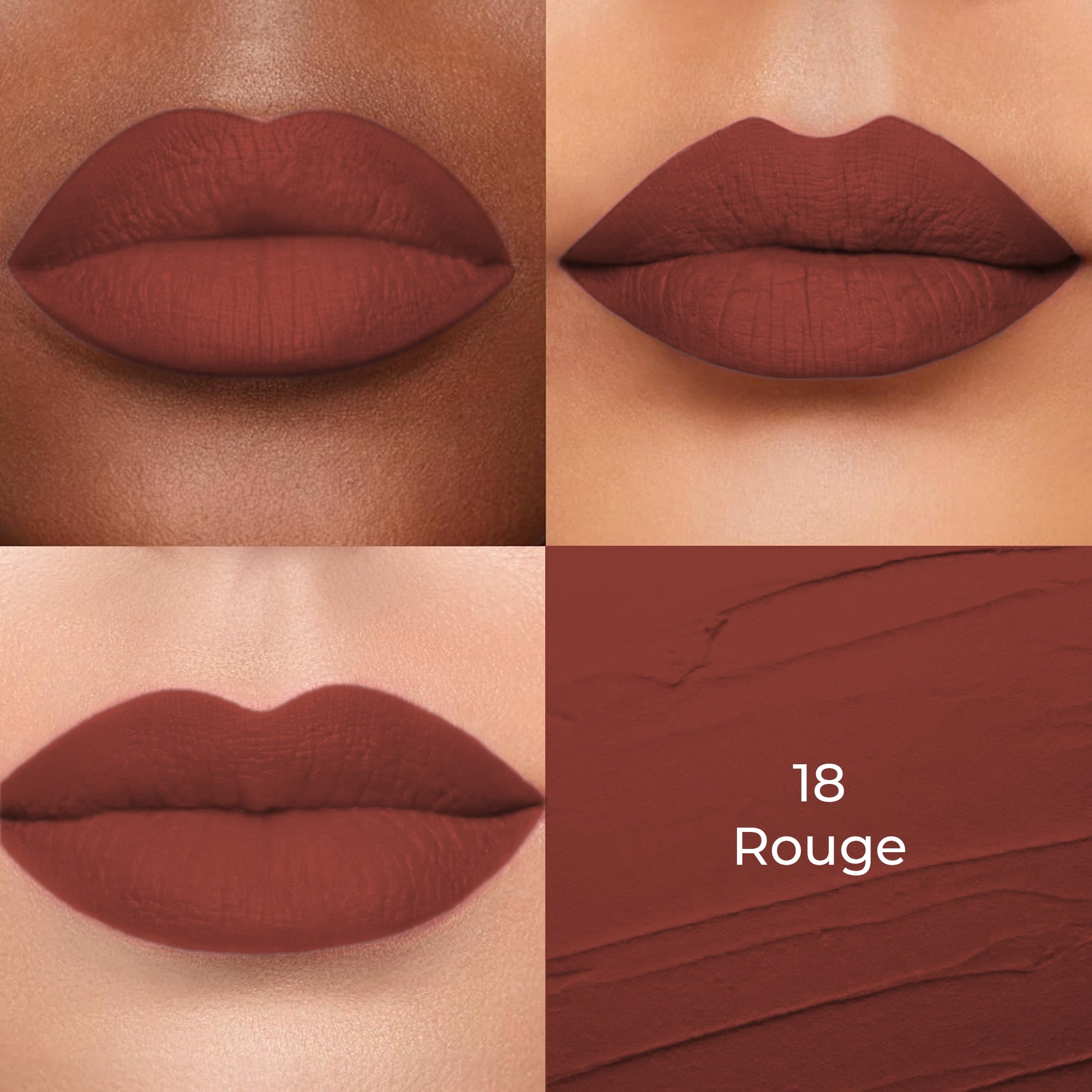 Rouge (Brown) of Colors Queen Lippie Creamy Matte Lipstick applied on 3 different skin tones light, medium and dark with a color swatch