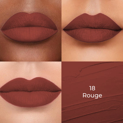 Rouge (Brown) of Colors Queen Lippie Creamy Matte Lipstick applied on 3 different skin tones light, medium and dark with a color swatch