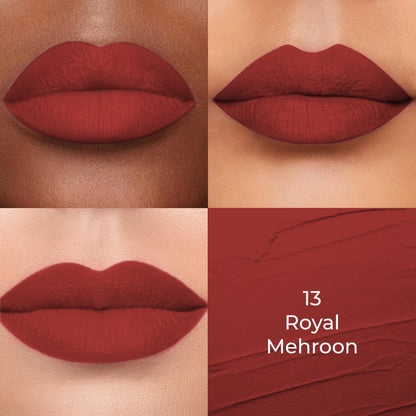 Royal Mehroon of Colors Queen Lippie Creamy Matte Lipstick applied on 3 different skin tones light, medium and dark with a color swatch