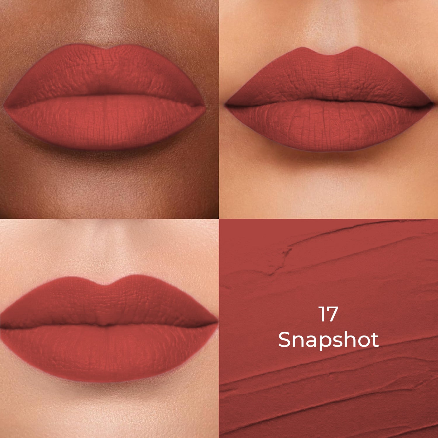 Snapshot (Brown) of Colors Queen Lippie Creamy Matte Lipstick applied on 3 different skin tones light, medium and dark with a color swatch