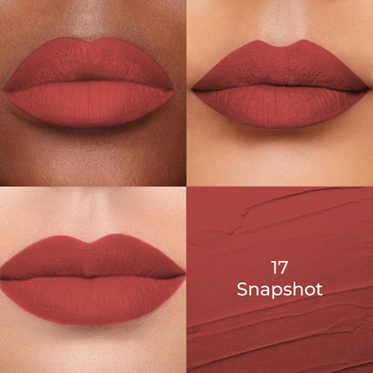 Snapshot (Brown) of Colors Queen Lippie Creamy Matte Lipstick applied on 3 different skin tones light, medium and dark with a color swatch